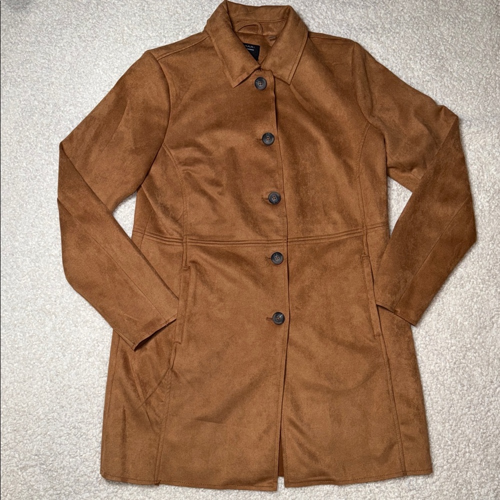 Tahari Tobacco Vegan Suede Car Coat Jacket M Medium Like New Brown Minimalist